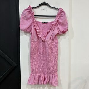 Pink Zara Linen Blend Ruched Ruffle Mini Dress Size Medium Puff Sleeve